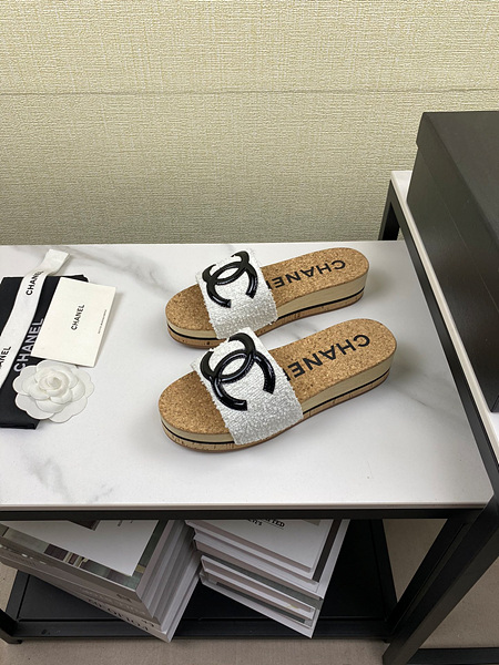 샤넬 로고 트위드 슬리퍼