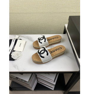 샤넬 로고 트위드 슬리퍼