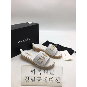 샤넬 로고 트위드 슬리퍼