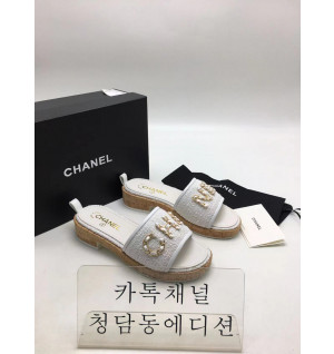샤넬 로고 트위드 슬리퍼