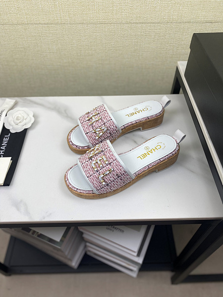 샤넬 로고 트위드 슬리퍼