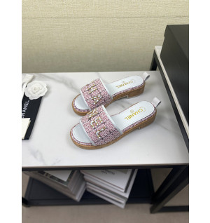 샤넬 로고 트위드 슬리퍼