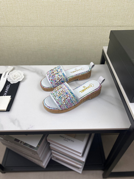 샤넬 로고 트위드 슬리퍼