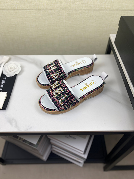 샤넬 로고 트위드 슬리퍼