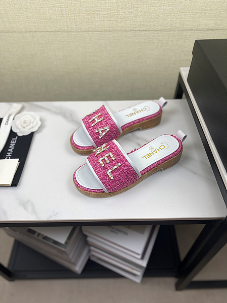 샤넬 로고 트위드 슬리퍼