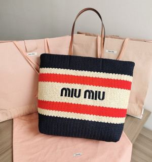 미우미우 라피아 코튼 토트백