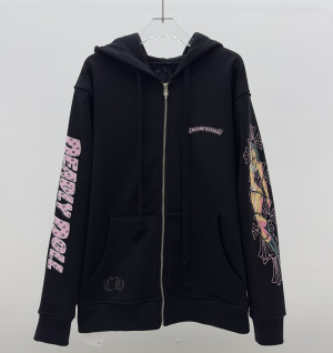 크롬하츠 Deadly Doll 핑크 크로스 스크롤 로고 후드집업 (남성용)