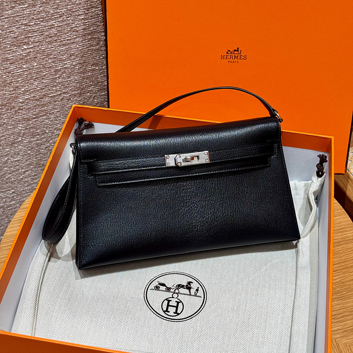 에르메스 켈리 엘란 올수공 쉐브레 레더 (컬러 누아 은장)