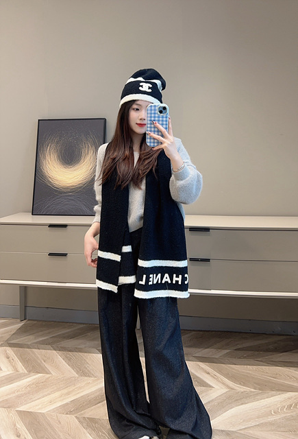 샤넬 코코 로고 니트 비니 & 머플러