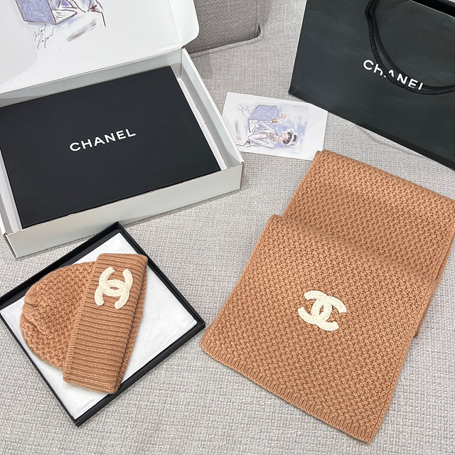 샤넬 CC 로고 와플 캐시미어 비니 & 머플러